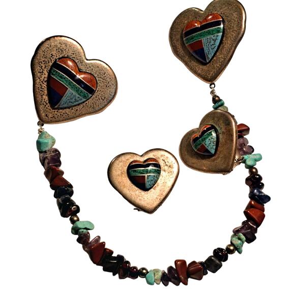 Heart Pierced Clip Back Earrings + Chip Bead Sweater Clip Chain Set Southwestern - Picture 1 of 11